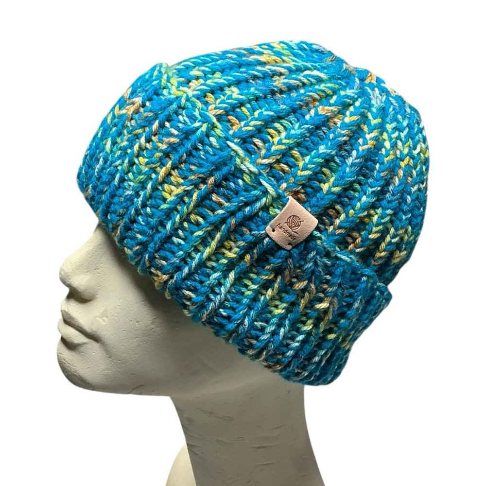 Handmade Chunky Knit Beanie Multicolor Blue Winter Fall Handcrafted Hat